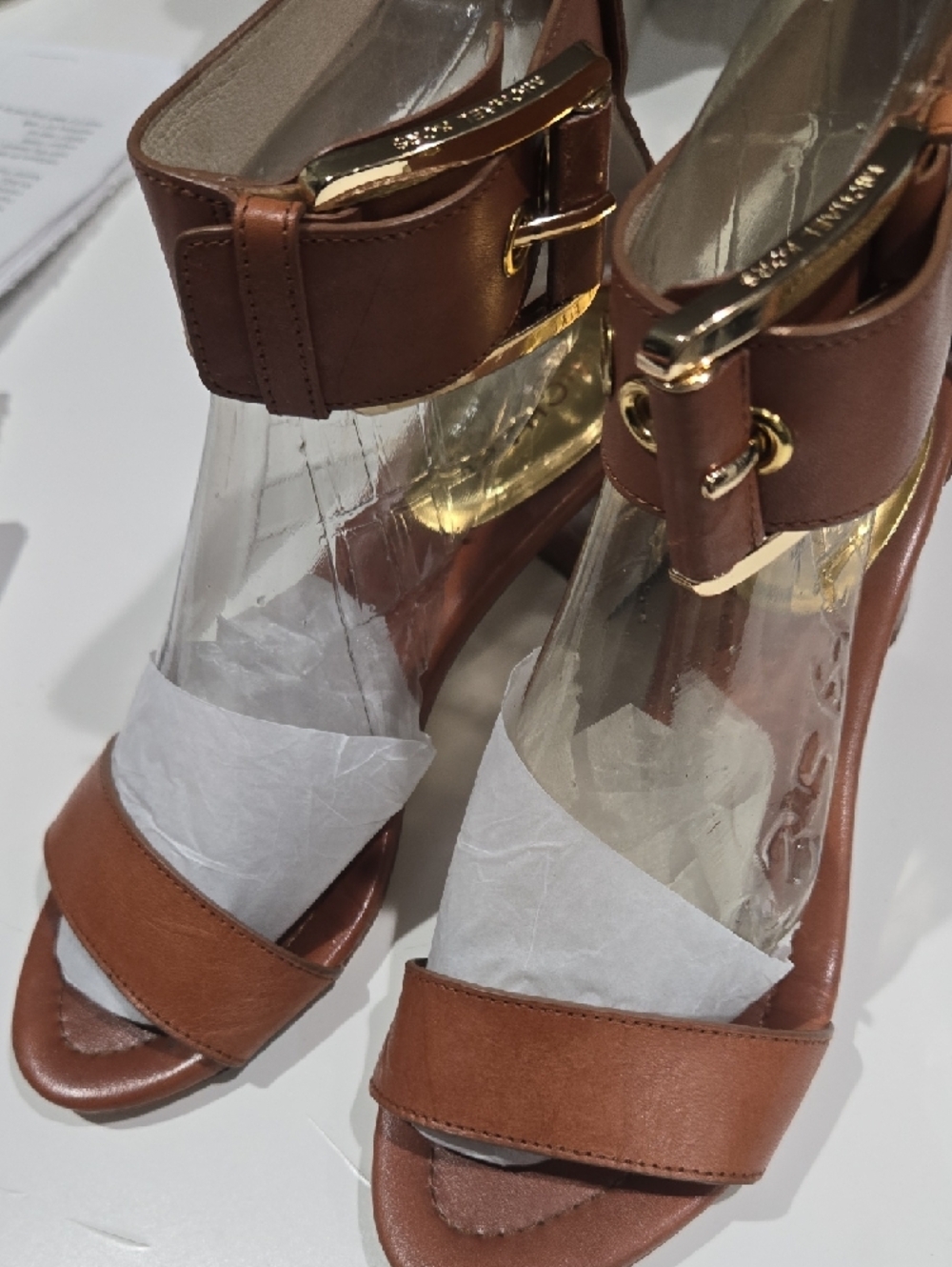 Michael Kors Cognac Leather Ankle-Strap Heels - Picture 3 of 7